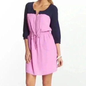 Lilly Pulitzer Colorblock Navy Blue Pink 3/4 Sleeve Mini Front Tie Dress Size 2
